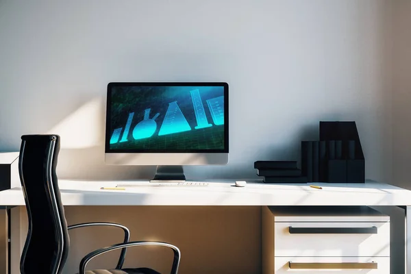 Interior de mesa com computador, mesa e cadeira. Fáscaras no ecrã. Conceito de educação. Renderização 3d . — Fotografia de Stock