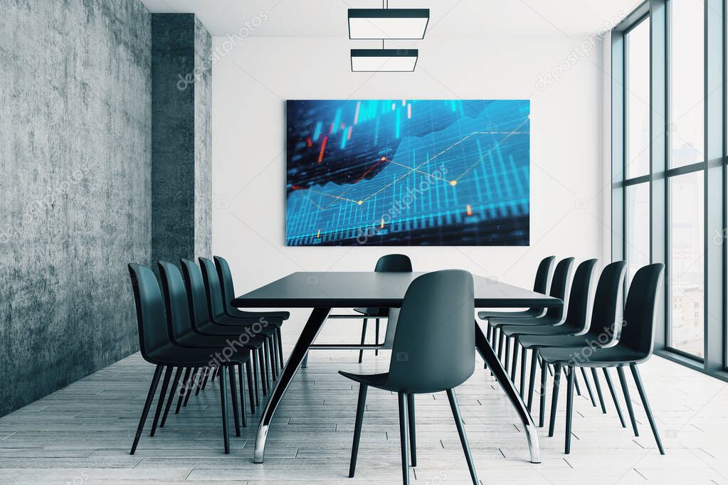 Conference room interior with financial chart on screen monitor on the wall. Stock market analysis concept. 3d rendering.