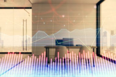 Minimalist kabine iç arka plan ile Forex grafik hologram. Çift pozlama. Hisse senedi piyasası konsepti.
