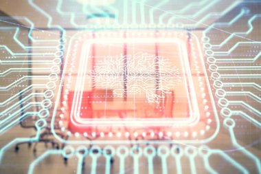 Konferans odasının arka planında beyin çizim hologramının çift ekimaruz ilerlisi. Veri analizi kavramı