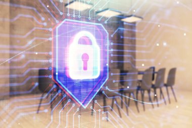 Konferans odası arka planında kilit simgesi hologramının çift pozlaması. Siber güvenlik kavramı