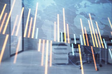 Stok ve tahvil piyasa grafik ve arka planda ticaret masası banka Ofisi İç ile dünya haritası. Çok pozlama. Uluslararası Finans konsepti