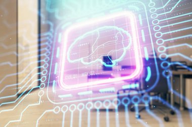 Arka planda ofis iç ile insan beyni çizim. Çift pozlama. Yenilik konsepti.