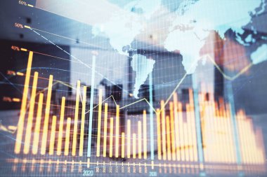 Stok ve tahvil piyasa grafik ve arka planda ticaret masası banka Ofisi İç ile dünya haritası. Çok pozlama. Uluslararası Finans konsepti