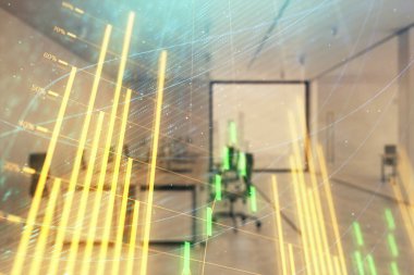 Ticaret masası banka ofisi iç arka planda stok piyasa şeması. Çift pozlama. Finansal analiz konsepti