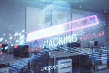 Arka planda ofis iç ile Hacking Tema hologram. Çift pozlama. Siber korsanlık kavramı