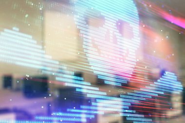 Arka planda ofis iç ile Hacking Tema hologram. Çift pozlama. Siber korsanlık kavramı