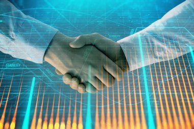 İki işadamı el sıkışması ile soyut arka planda Forex grafik Multi pozlama. Hisse senedi piyasasında başarı kavramı