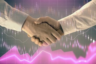 İki işadamı el sıkışması ile soyut arka planda Forex grafik Multi pozlama. Hisse senedi piyasasında başarı kavramı