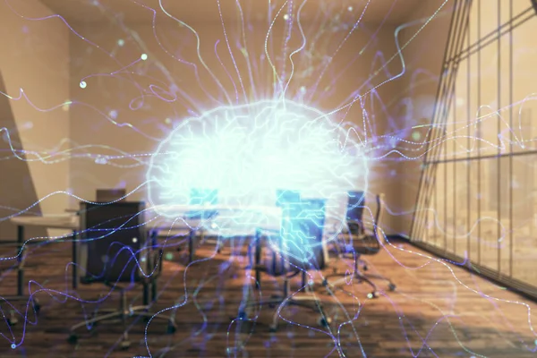 Podwójna ekspozycja hologramu rysunkowego mózgu na tle sali konferencyjnej. Koncepcja analizy danych — Zdjęcie stockowe