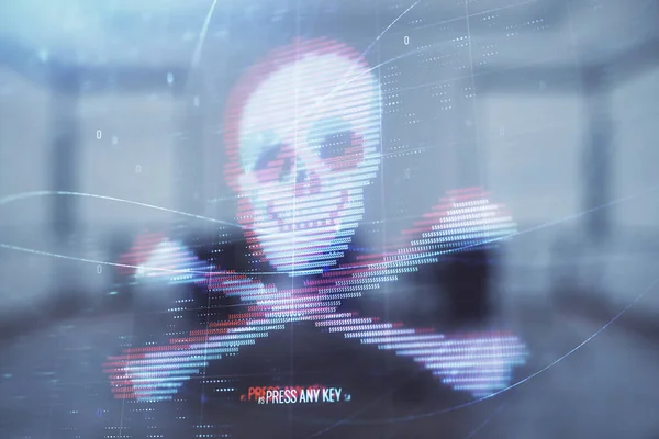 Doble exposición de la piratería tema holograma en el fondo de la sala de conferencias. Concepto de ciberpiratería — Foto de Stock