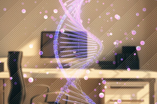 Holograma de DNA com fundo de escritório de desktop. Dupla exposição. Conceito de educação — Fotografia de Stock