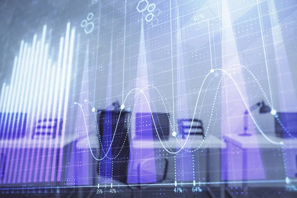 Stock och Bond Market Graph med Trading Desk bankkontor interiör på bakgrunden. Multiexponering. Begreppet finansiell analys — Stockfoto