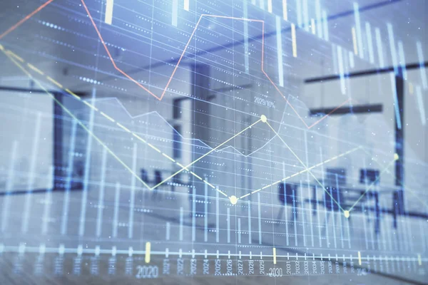 Stock och Bond Market Graph med Trading Desk bankkontor interiör på bakgrunden. Multiexponering. Begreppet finansiell analys — Stockfoto
