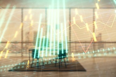 Minimalist kabine iç arka plan ile iş teması grafik hologram. Çift pozlama. Hisse senedi piyasası konsepti.