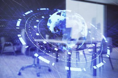 Dünya haritası hologramı ve minimalist kabine iç planı. Çifte maruziyet. Uluslararası iş kavramı.