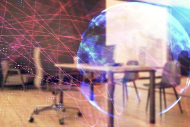 Dünya haritası hologramı ve minimalist kabine iç planı. Çifte maruziyet. Uluslararası iş kavramı.