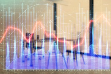 Minimalist kabine iç arka plan ile Forex grafik hologram. Çift pozlama. Hisse senedi piyasası konsepti.