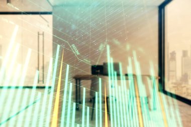 Minimalist kabine iç arka plan ile Forex grafik hologram. Çift pozlama. Hisse senedi piyasası konsepti.