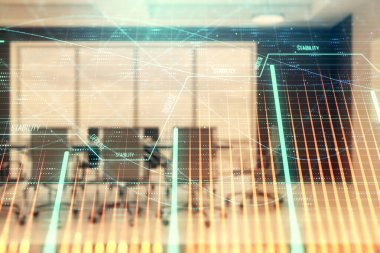 Konferans odası arka planda Forex çizelgesine çift pozlama. Hisse senedi piyasası analizi konsepti