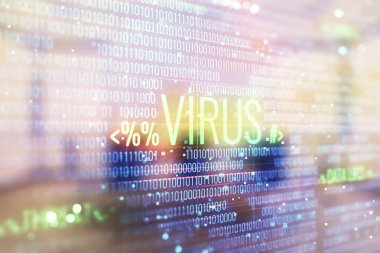 Konferans odası arka planda hack tema hologram çift pozlama. Siber korsanlık kavramı