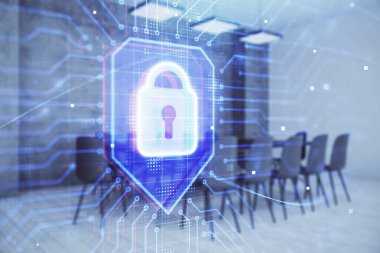 Konferans odası arka planında kilit simgesi hologramının çift pozlaması. Siber güvenlik kavramı