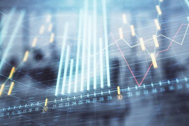 Arka planda ticaret masası banka Ofisi İç ile stok ve tahvil piyasa grafiği. Çok pozlama. Finansal analiz konsepti