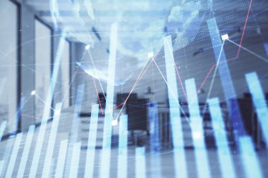 Stok ve tahvil piyasa grafik ve arka planda ticaret masası banka Ofisi İç ile dünya haritası. Çok pozlama. Uluslararası Finans konsepti