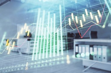 Ticaret masası banka ofisi iç arka planda stok piyasa şeması. Çift pozlama. Finansal analiz konsepti