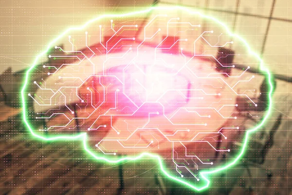 Dubbele blootstelling van de hersenen tekenen hologram op de achtergrond van de conferentieruimte. Concept van data-analyse — Stockfoto