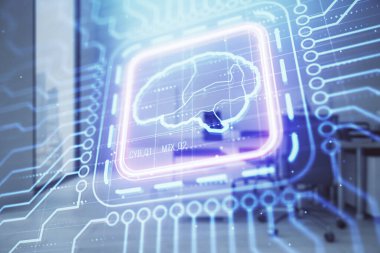 Arka planda ofis iç ile insan beyni çizim. Çift pozlama. Yenilik konsepti.