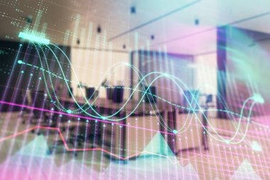 Ticaret masası banka ofisi iç arka planda stok piyasa şeması. Çift pozlama. Finansal analiz konsepti