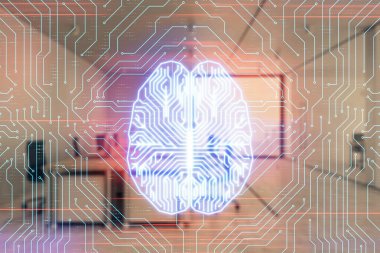 Arka planda ofis iç ile insan beyni çizim. Çift pozlama. Yenilik konsepti.