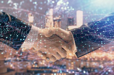 İki işadamı el sıkışması ile Cityscape arka planda çizim soyut teknoloji çift pozlama. İş içinde teknoloji rolü kavramı