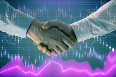 İki işadamı el sıkışması ile soyut arka planda Forex grafik Multi pozlama. Hisse senedi piyasasında başarı kavramı
