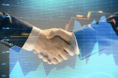 İki işadamı el sıkışması ile soyut arka planda Forex grafik Multi pozlama. Hisse senedi piyasasında başarı kavramı