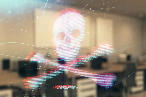 Hacking tema holograma con interior de la oficina en el fondo. Doble exposición. Concepto de ciberpiratería —  Fotos de Stock