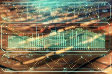 Soyut arka plan ile finansal grafik hologram. Çift pozlama. Piyasa Analizi konsepti