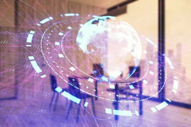 Dünya haritası hologramı ve minimalist kabine iç planı. Çifte maruziyet. Uluslararası iş kavramı.