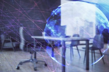 Dünya haritası hologramı ve minimalist kabine iç planı. Çifte maruziyet. Uluslararası iş kavramı.