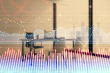 Minimalist kabine iç arka plan ile Forex grafik hologram. Çift pozlama. Hisse senedi piyasası konsepti.