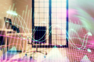 Minimalist kabine iç arka plan ile Forex grafik hologram. Çift pozlama. Hisse senedi piyasası konsepti.