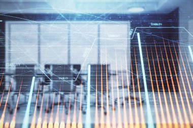 Konferans odası arka planda Forex çizelgesine çift pozlama. Hisse senedi piyasası analizi konsepti