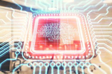 Konferans odasının arka planında beyin çizim hologramının çift ekimaruz ilerlisi. Veri analizi kavramı