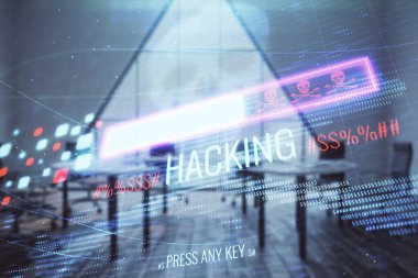 Konferans odası arka planda hack tema hologram çift pozlama. Siber korsanlık kavramı