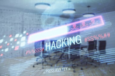 Konferans odası arka planda hack tema hologram çift pozlama. Siber korsanlık kavramı
