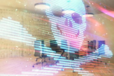 Konferans odası arka planda hack tema hologram çift pozlama. Siber korsanlık kavramı