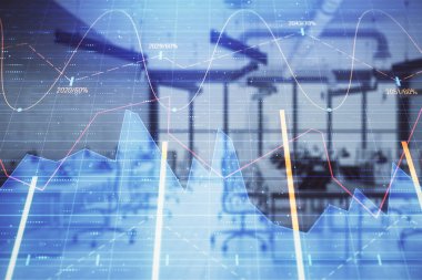 Arka planda ticaret masası banka Ofisi İç ile stok ve tahvil piyasa grafiği. Çok pozlama. Finansal analiz konsepti