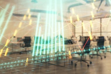 Arka planda ticaret masası banka Ofisi İç ile stok ve tahvil piyasa grafiği. Çok pozlama. Finansal analiz konsepti