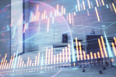 Stok ve tahvil piyasa grafik ve arka planda ticaret masası banka Ofisi İç ile dünya haritası. Çok pozlama. Uluslararası Finans konsepti